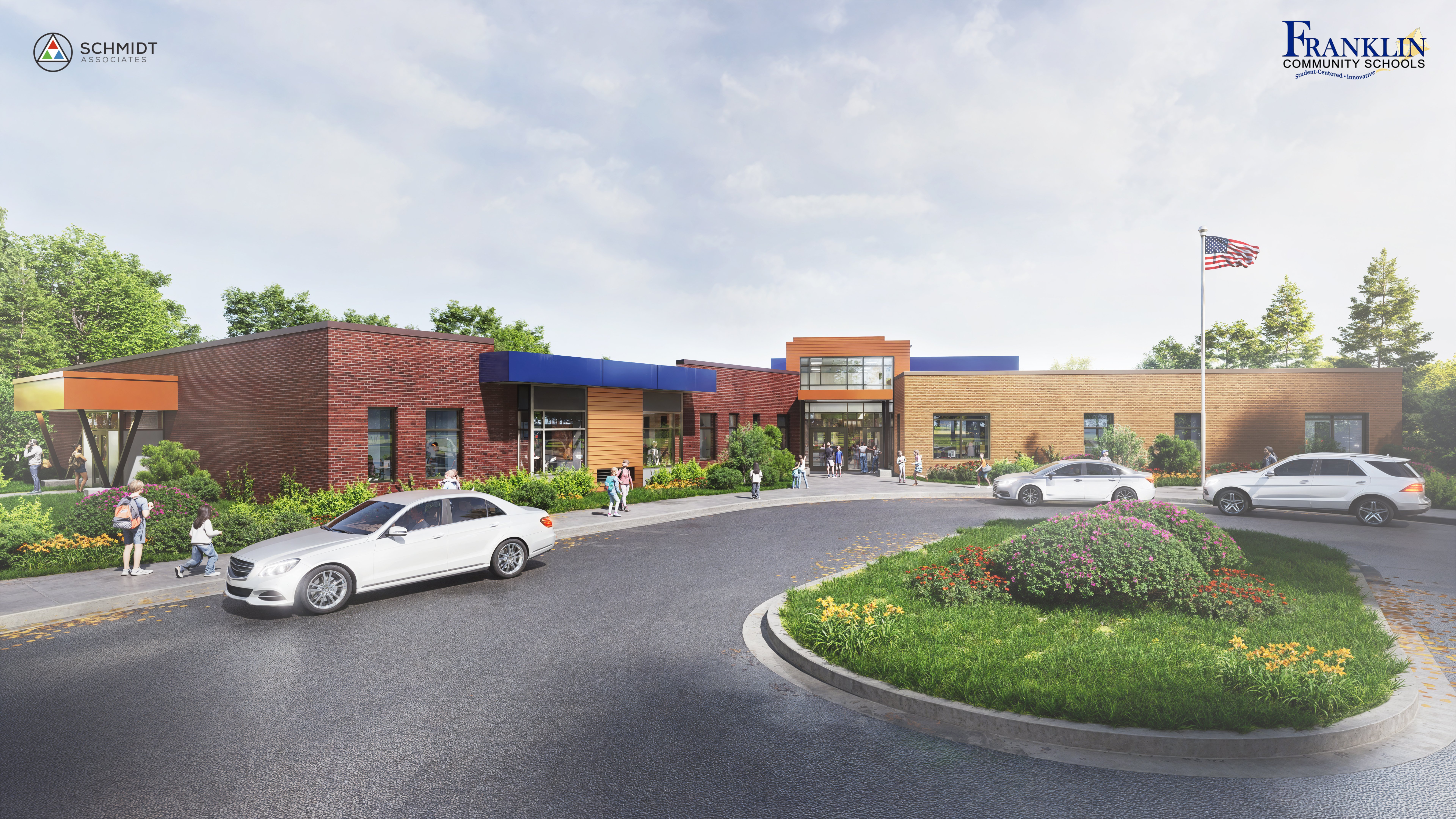 generated photo of the new Franklin Cub Academy building with three white cars in the driveway